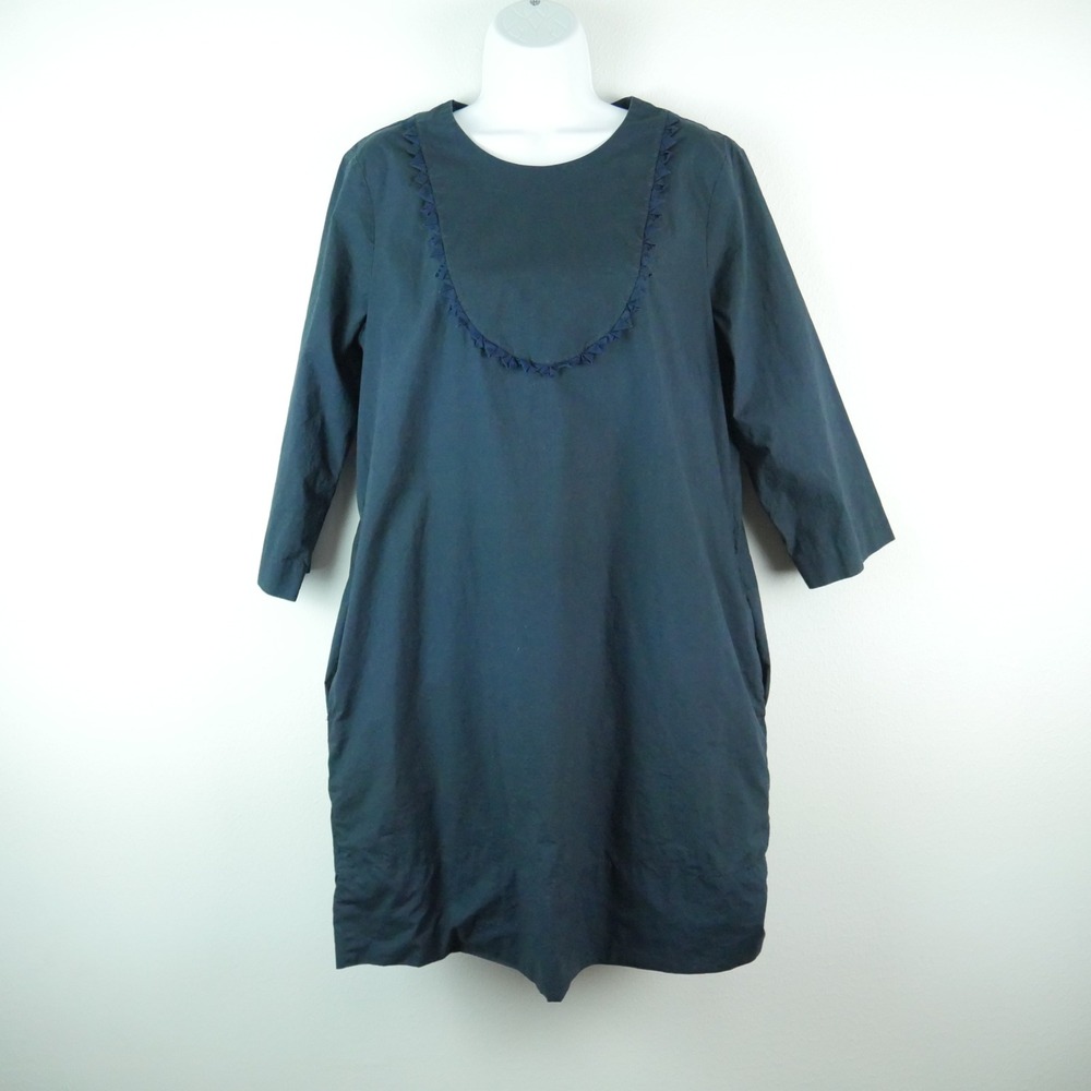 COS Navy Blue Cotton Ruffle Trim Shift Dress 3/4 Sleeve Pockets Large 44 Minimal